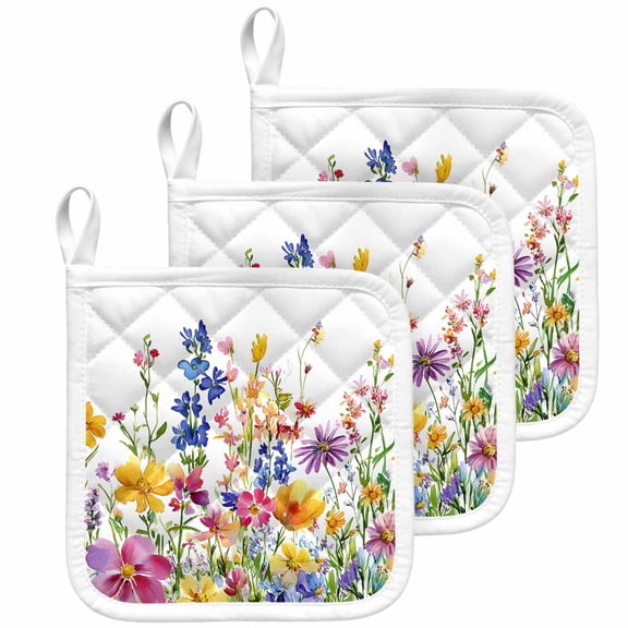 Spring Floral Pot Holders for Kitchen Heatproof Potholder, 3 Pack Summer Watercolor Botanical Colorful Hot Pads Multipurpose Oven Pads Cloth Potholders Trivet for Cooking Baking