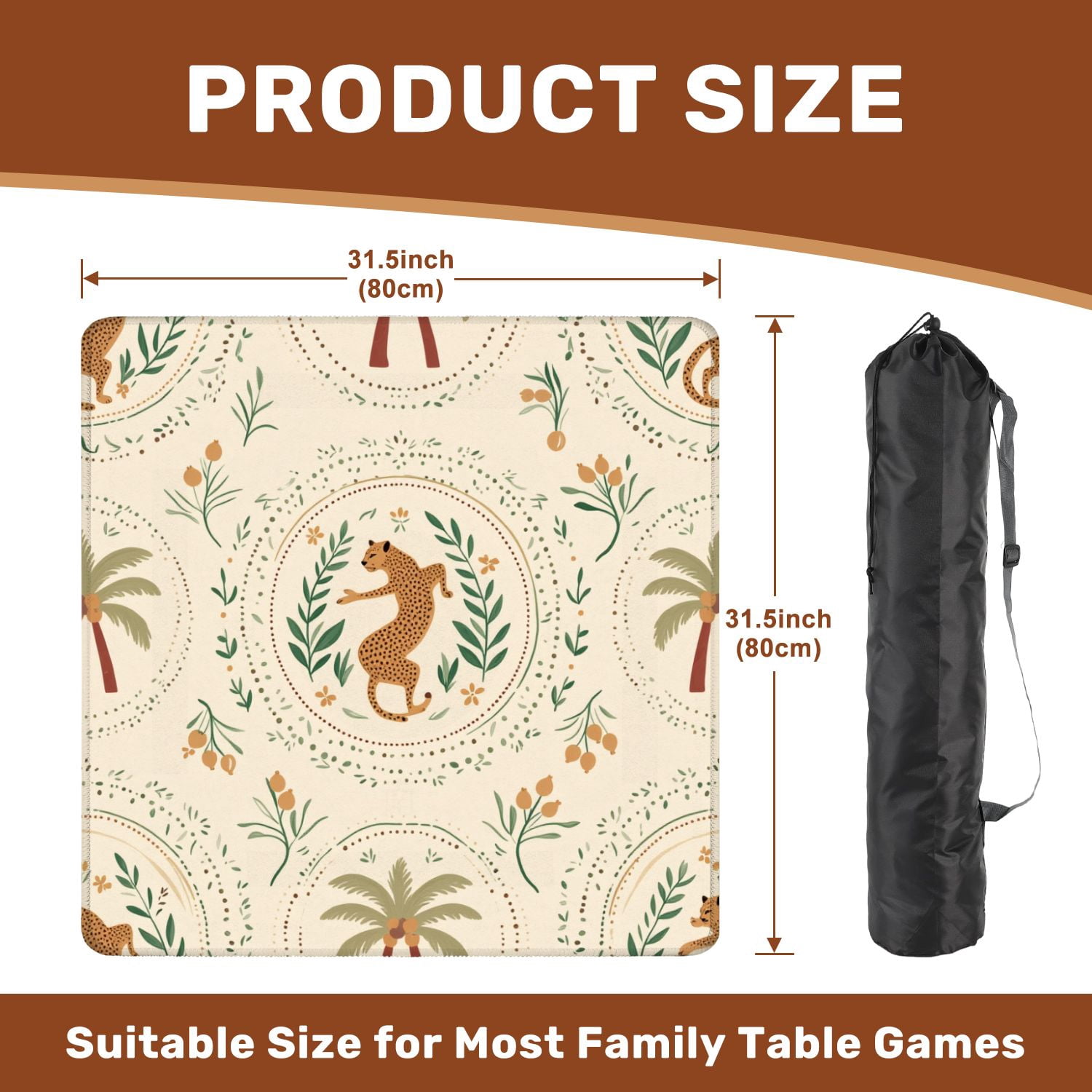 Mahjong Mat 31.5" x 31.5" Summer ceramic tile tropical palm tree leopard animal checkered round Non-Slip Noise Reduction American Mahjong Tiles Table Cover for Dominoes Poker Card Board Games Gift