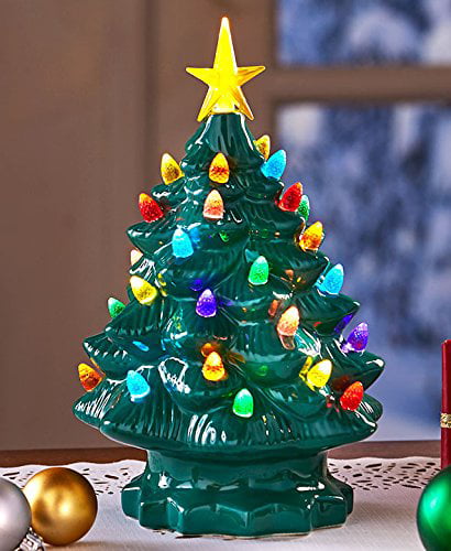 Vintage 15" Retro Nostalgic Ceramic Green Glaze Lighted Table Top Christmas Tree 