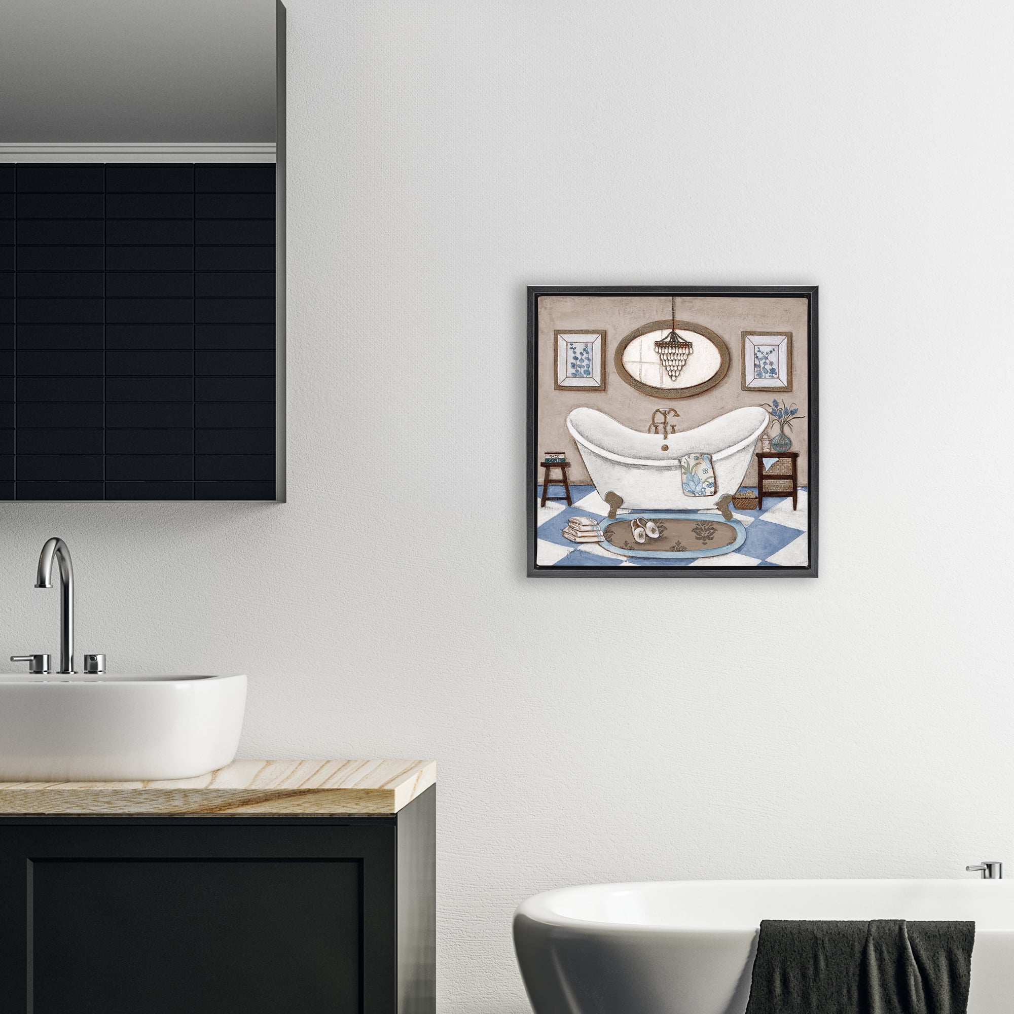Stupell Industries Checkered Relaxing Bathtub Black Framed Floater Canvas Wall Art, design by Janet Tava