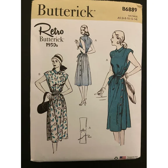Butterick B6889 Size 6-14 Misses' Side Buttoning Retro 1950's Dress Sewing Pattern