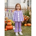 thumbnail image 6 of RUINIXCW Toddler Bbay Girl Halloween Outfit Infant Baby Girl Fall Clothes Ghost Pumpkin Embroidery Plaid Babydoll Shirt Tops and Flared Pants 2 Pieces Set, 6 of 9