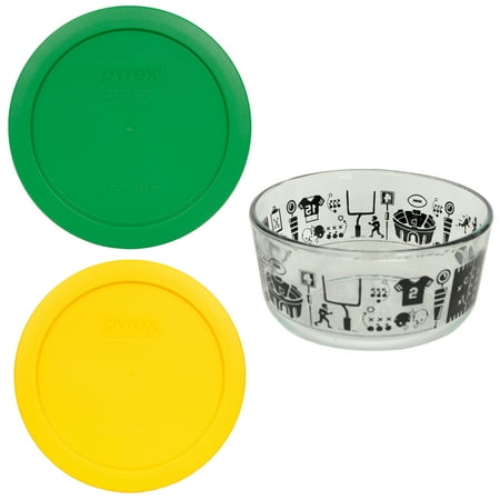Green Art Glass Bowl Pyrex 7201 4 Cup Round Glass Bowl with Football Design and (2) 7201-PC Green and Yellow Lids ()