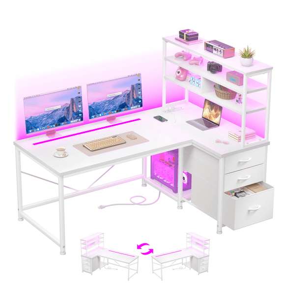 Romorgniz L-Shaped Computer Desk with Storage Shelf and 3 Drawers, 47"W Gaming Desk with LED Lights & Power Outlets for Corner and Small Space, White