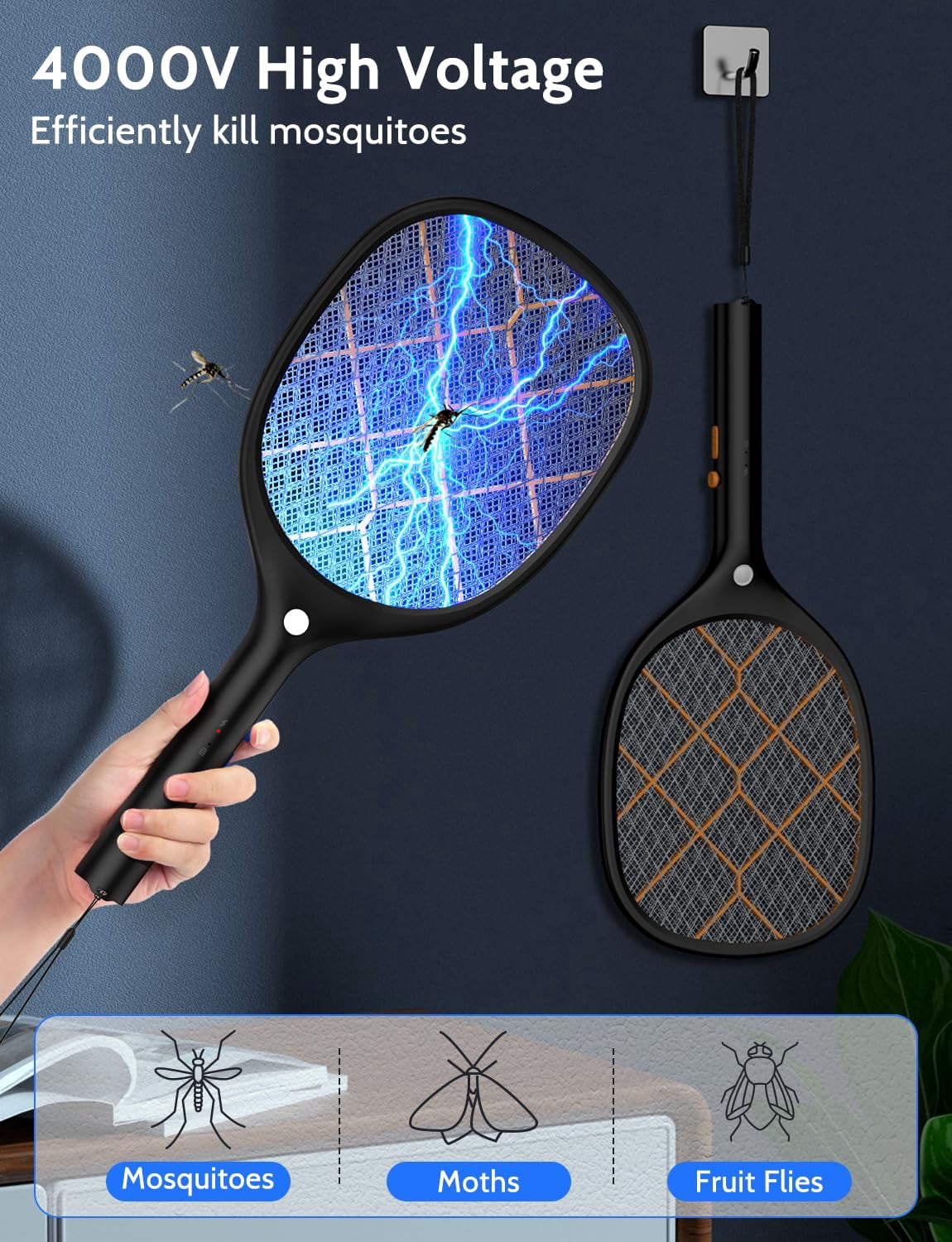 Electric Fly Swatter Zapper Racket 4000v Rechargeable Mosquito Killer With Led Light For Indoor Home Office Backyard Patio Camping (2  Black Orange)