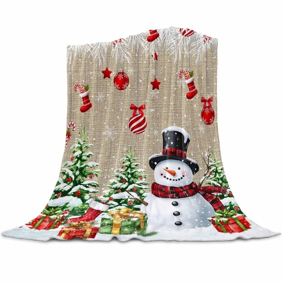 Christmas Snowman Flannel Blanket for Bed,Travel and Camping, Xmas Tree Socks Ball Red Linen Winter Super Soft Cozy Blanket for All Seasons 50" x 60"