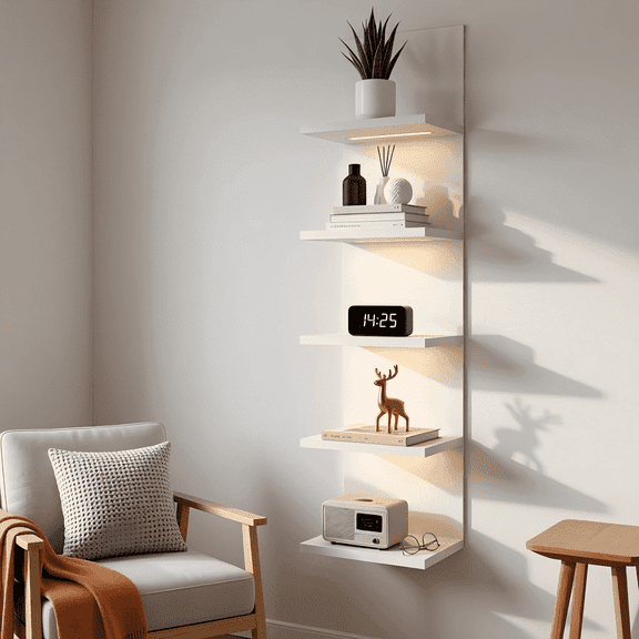 5-Tier LED Wall Shelf Vertical Column Floating Storage Shelf Tall Tower Organizer for Home Decor (White)