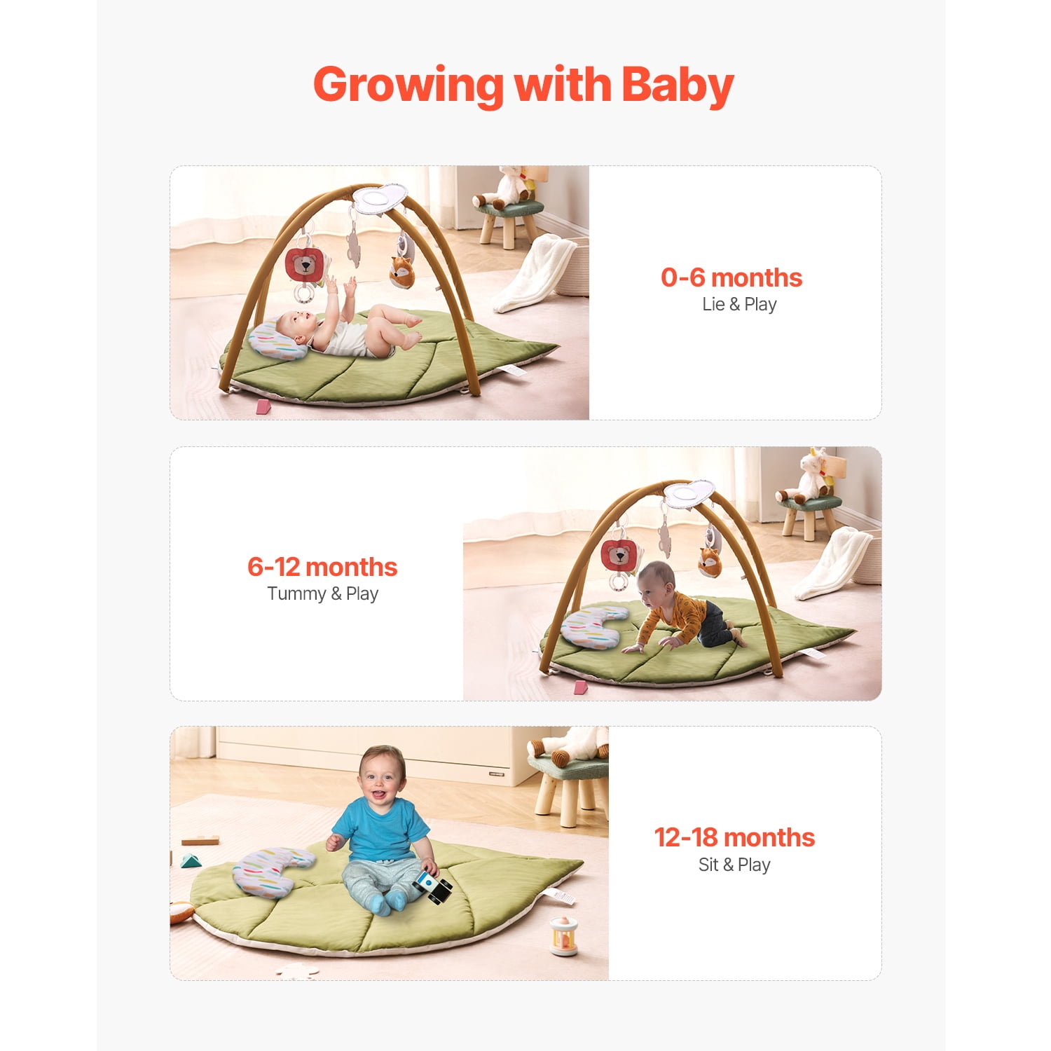 KFFKFF Baby Play Gym Mat with Sensory Toys, Large Leaf-Shaped Tummy Time Mat for Newborns and Infants, Ideal for Ages 0-18 Months, Supports Motor Skills and Early Cognitive Growth