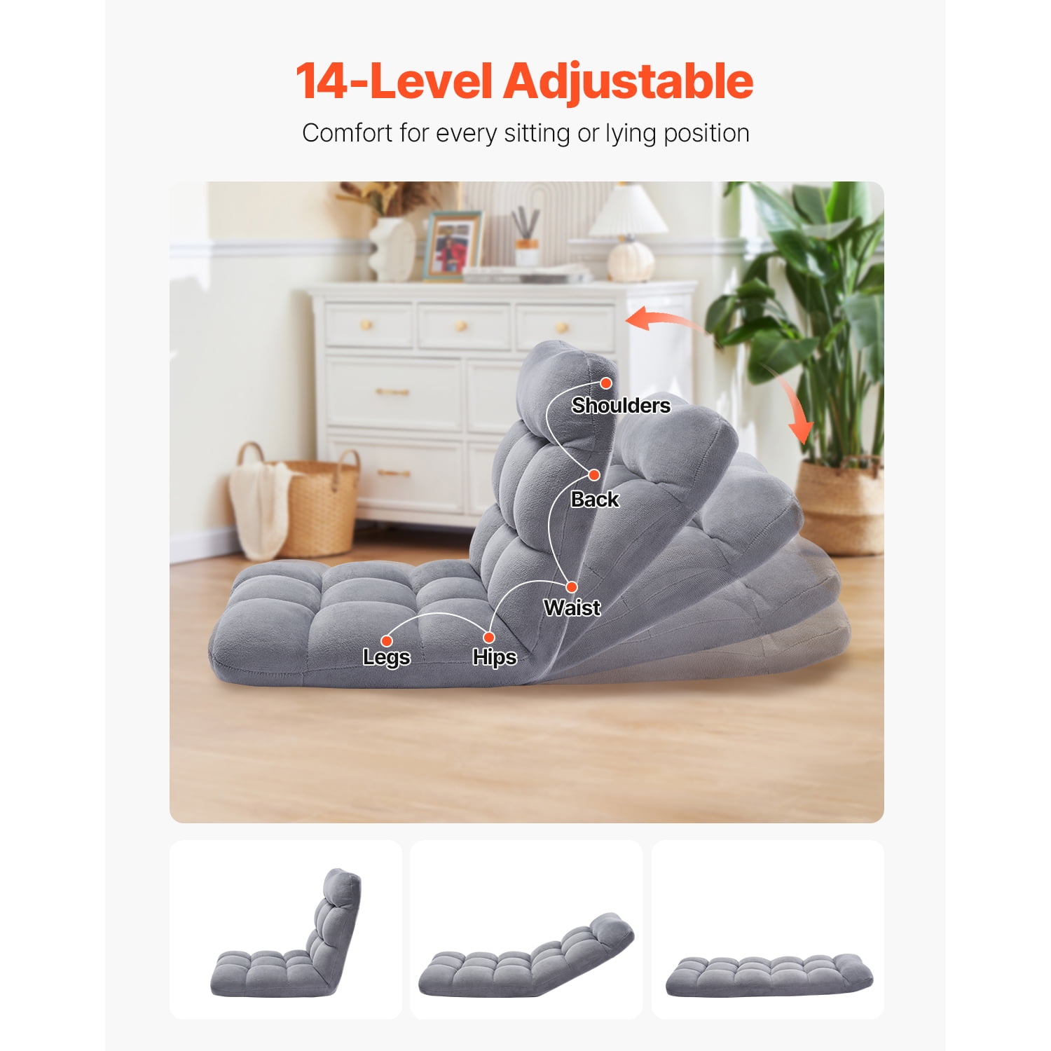 KFFKFF Floor Chair, Foldable Lounge Chair with 14-Position Adjustable, Lumbar Support, Reading Chair Perfect for Sleep, Reading, Gaming, Gray