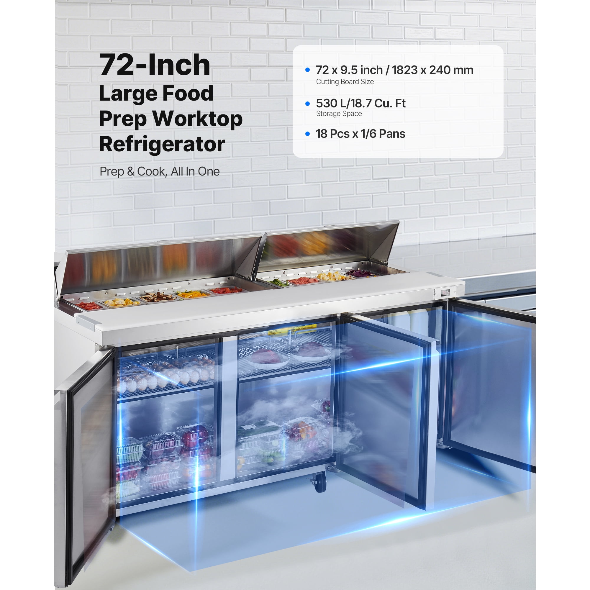 KFFKFF 72"W Commercial Refrigerator, 18.7 Cu. Ft Sandwich Prep Table, Food Prep Fridge with 18 Pans and Cutting Board, Stainless Steel Salad Prep Cooler for Restaurant and Food Truck