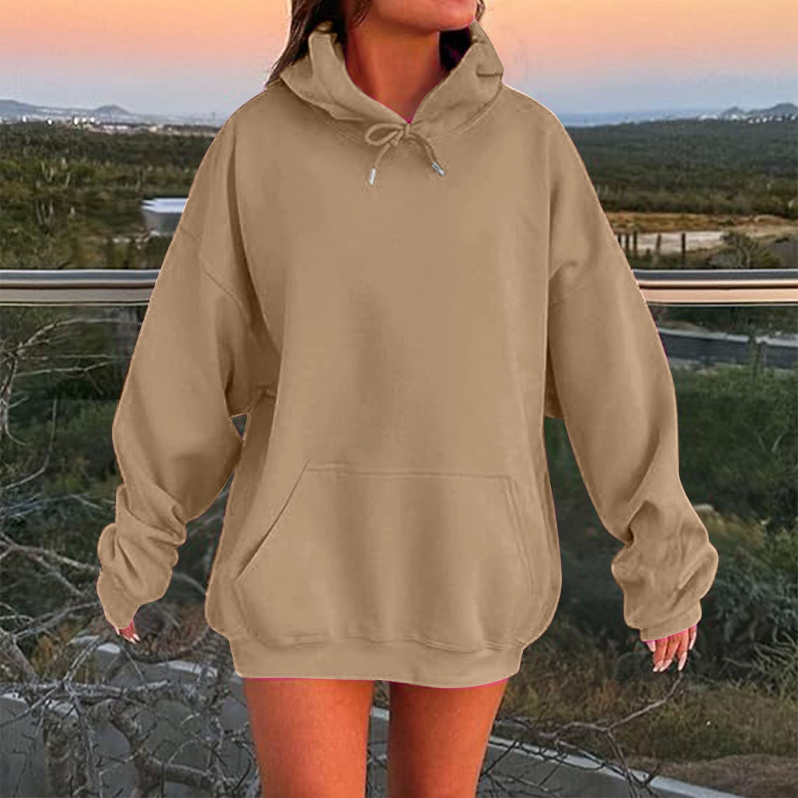 Women's Solid Color Drop Shoulder Hoodie With Pockets Comfortable