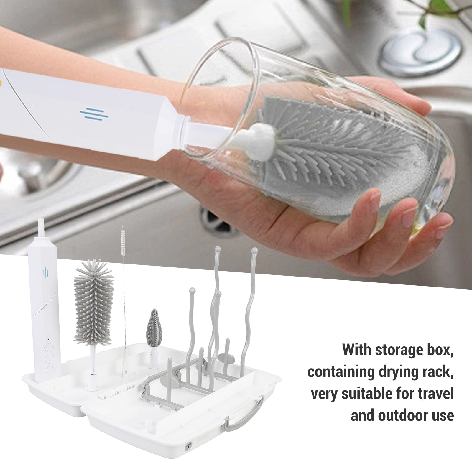 Rupoun Electric Bottle Brush Set, 3 Speeds, 2 Replaceable Heads, Rechargeable Cleaning Brush with Drying Rack, White, 9.84 inches / 25 cm
