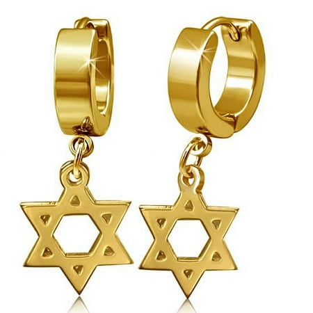 Stainless Steel Yellow Gold-Tone Classic Jewish Star of David Huggie Dangle Drop Womens Earrings