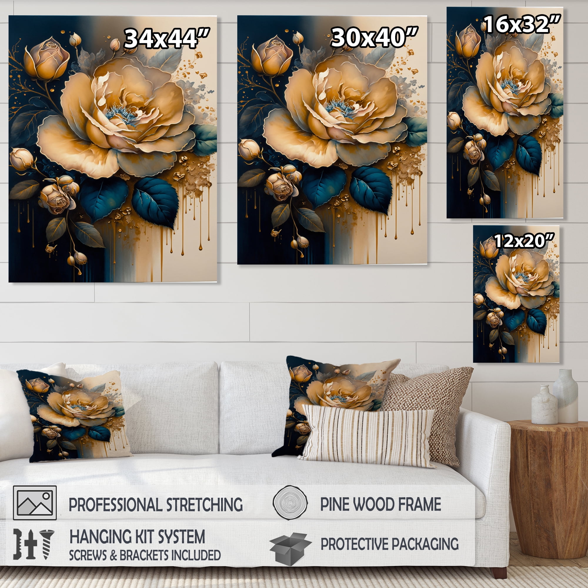Designart Yellow And Blue Roses I Canvas Wall Art