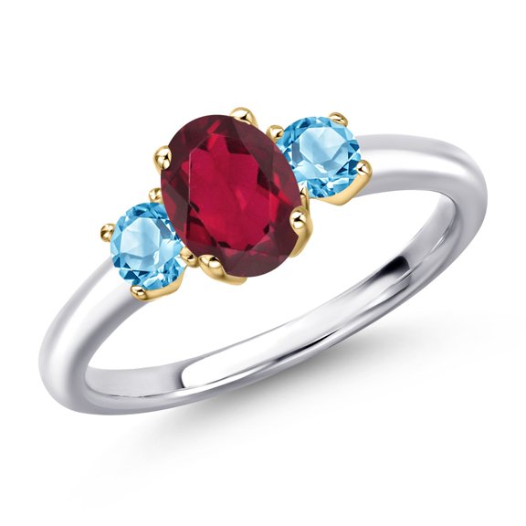 Gem Stone King 925 Silver and 10K Yellow Gold Ruby Red Mystic Topaz and Swiss Blue Topaz Engagement Ring for Women | 1.20 Cttw | Oval 7X5MM | Gemstone November Birthstone | Size 8