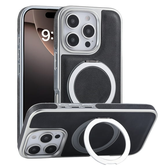 Allytechgroup Magnetic Case for iPhone 15 with Ring Holder Kickstand, Support Wireless Charging Slim Fit PU Leather Rugged Heavy Duty Durable Cover Case for iPhone 15, Black