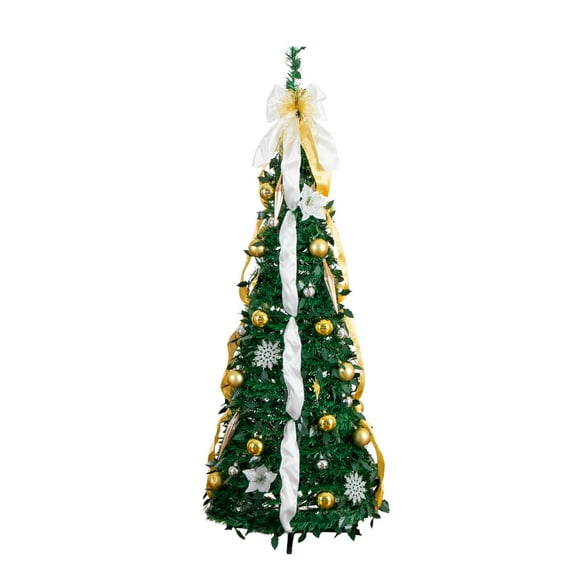 Nearly Natural 5ft. Pre-Lit Artificial Pop up Christmas Tree with Gold & Silver Ornaments, Ribbons and 100 Warm White LED Lights