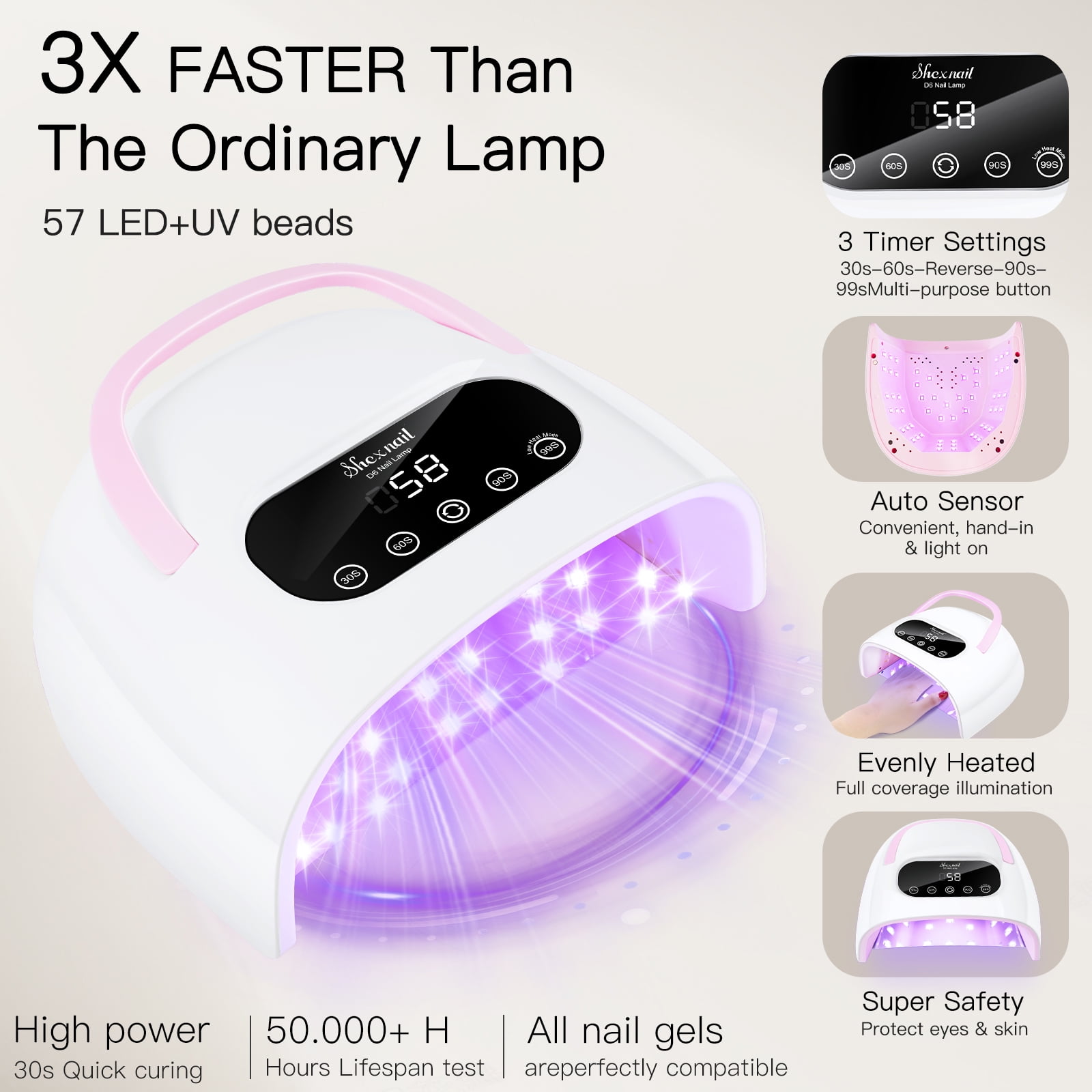 Shexnail Pure UV Nail Lamp (White) - Portable UV Light for Gel Nails with Multiple Timer Settings - LED Curing Light Nail Polish Dryer for Professional Nail Art, Salon & Home DIY