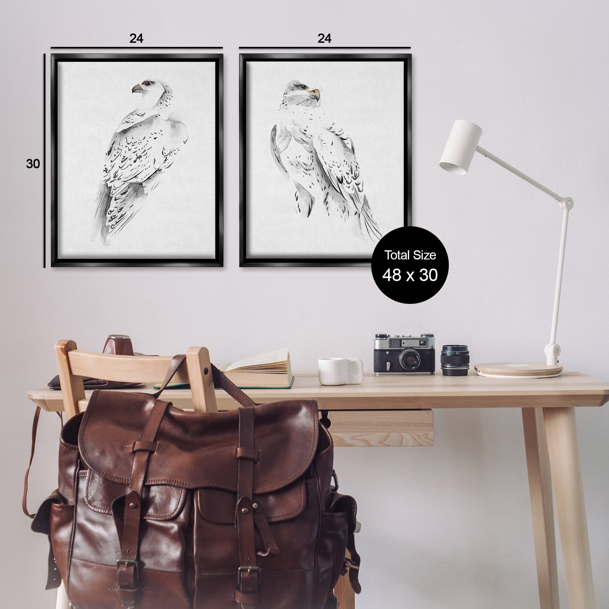 Stupell Industries White Hawk Winter Birds Animals & Insects Painting Black Floater Framed Canvas Art Print Wall Art, 25 x 31, Set of 2