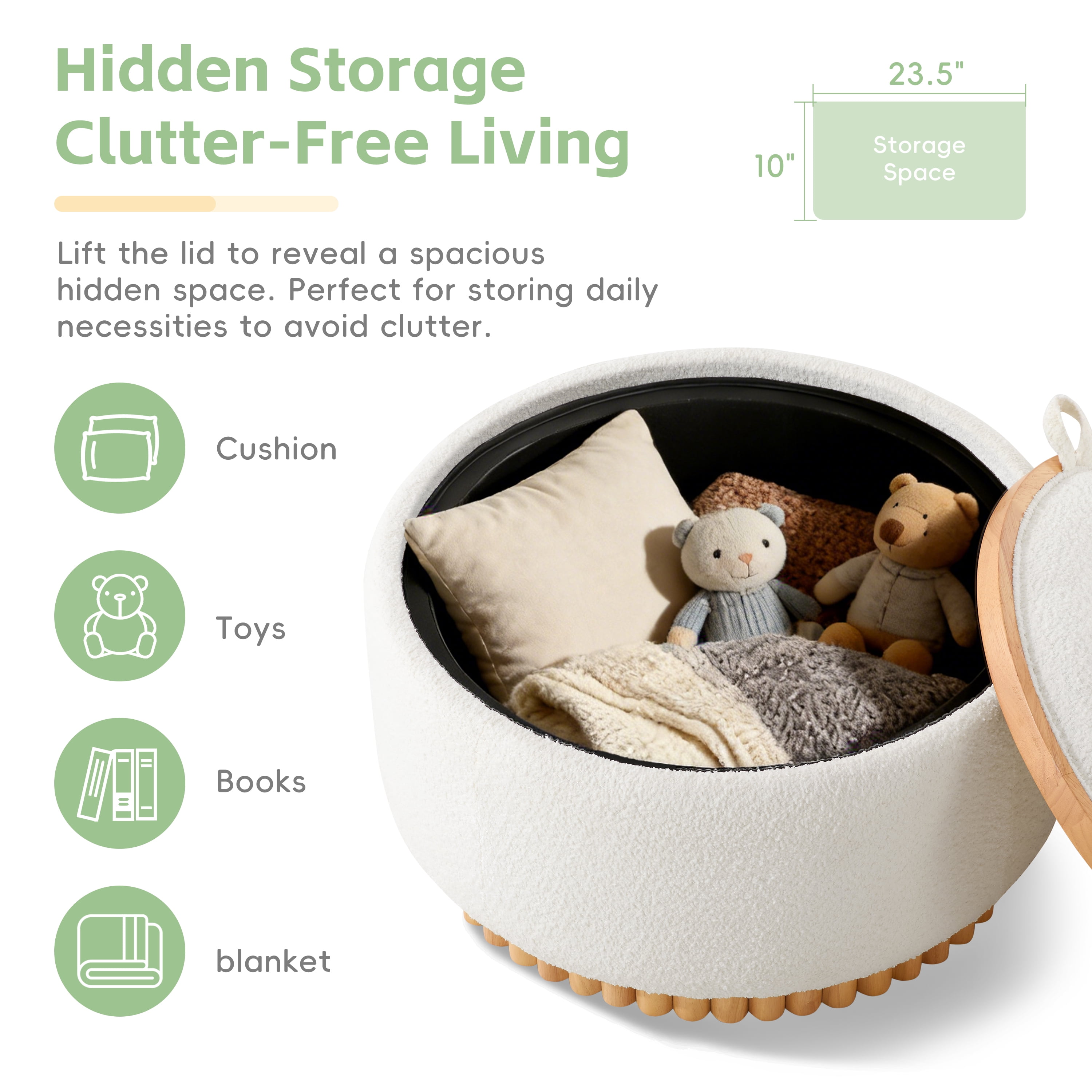 Ottoman, Coffee Table, Storage Ottoman, Round Stool with Dual-Sided Reversible Lid and Solid Wood Cylinder Base, Hidden Storage, Boucle Fabric, for Living Room, Beige