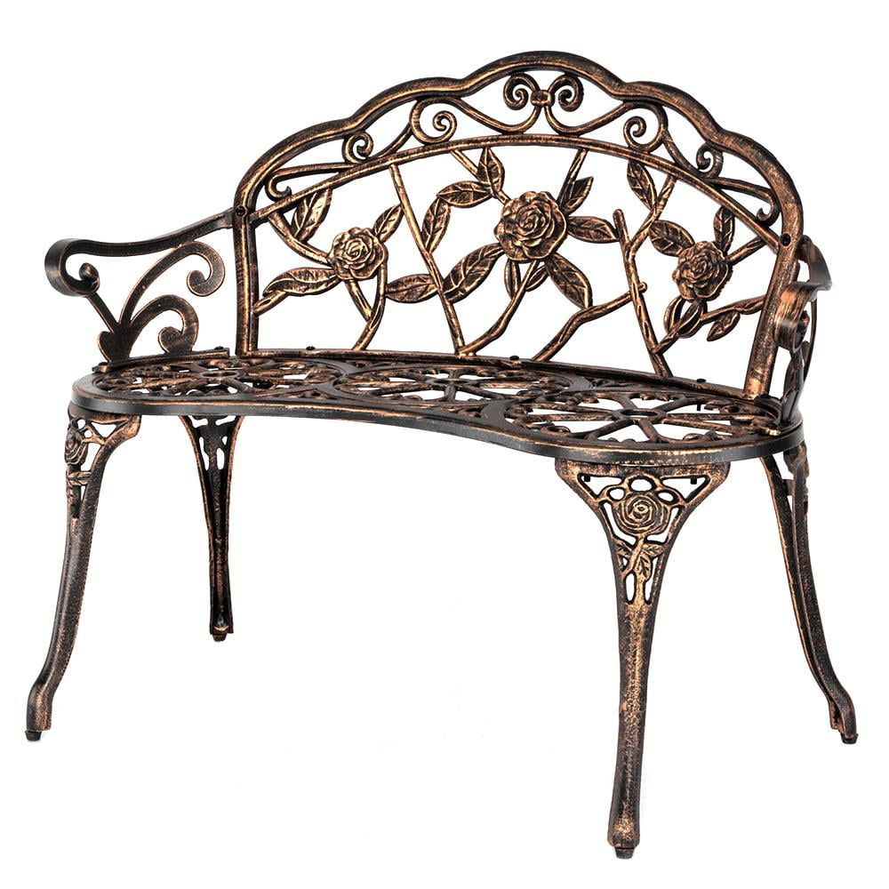 Zimtown Courtyard Park Outdoor Patio Bench Leisure Rose Cast Aluminum Chair, Metal Loveseat Bench for Garden Patio, Porch, Deck, Bronze