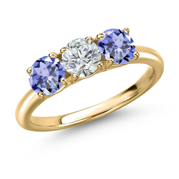 Gem Stone King 10K Yellow Gold Lab Grown Diamond and Blue Tanzanite Engagement Ring for Women | 1.42 Cttw | Round 5MM | Gemstone April Birthstone | Size 8