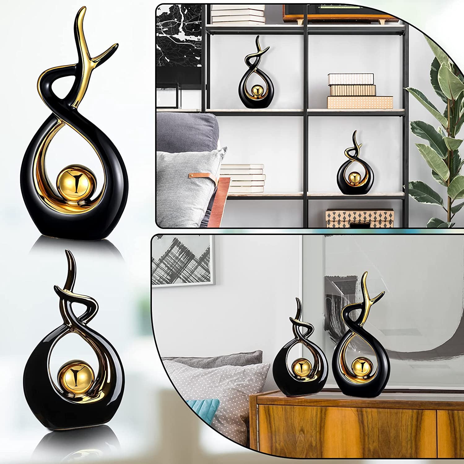 2 Pcs Modern Room Ceramic Decor Center Pieces Table Decorations Ceramic Statue Coffee Table Decor Dining Table Decor Centerpiece for Home Office Coffee Table Living Room, 2 Size (Black, Gold)