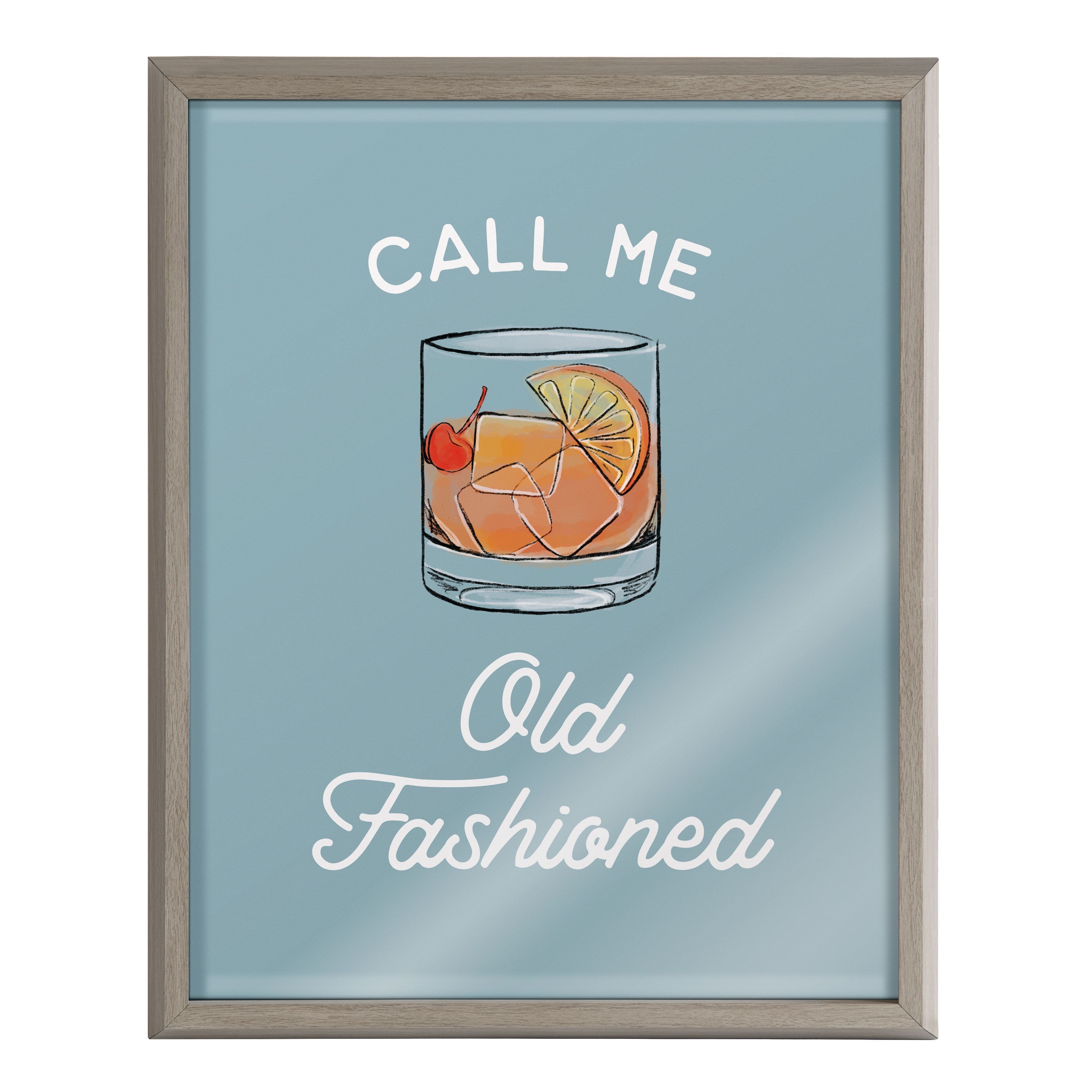 Kate and Laurel Call Me Old Fashioned Blue Framed Printed Glass Wall Art , Kitchen Bar Wall Decor by The Creative Bunch Studio, 16x20 Gray,