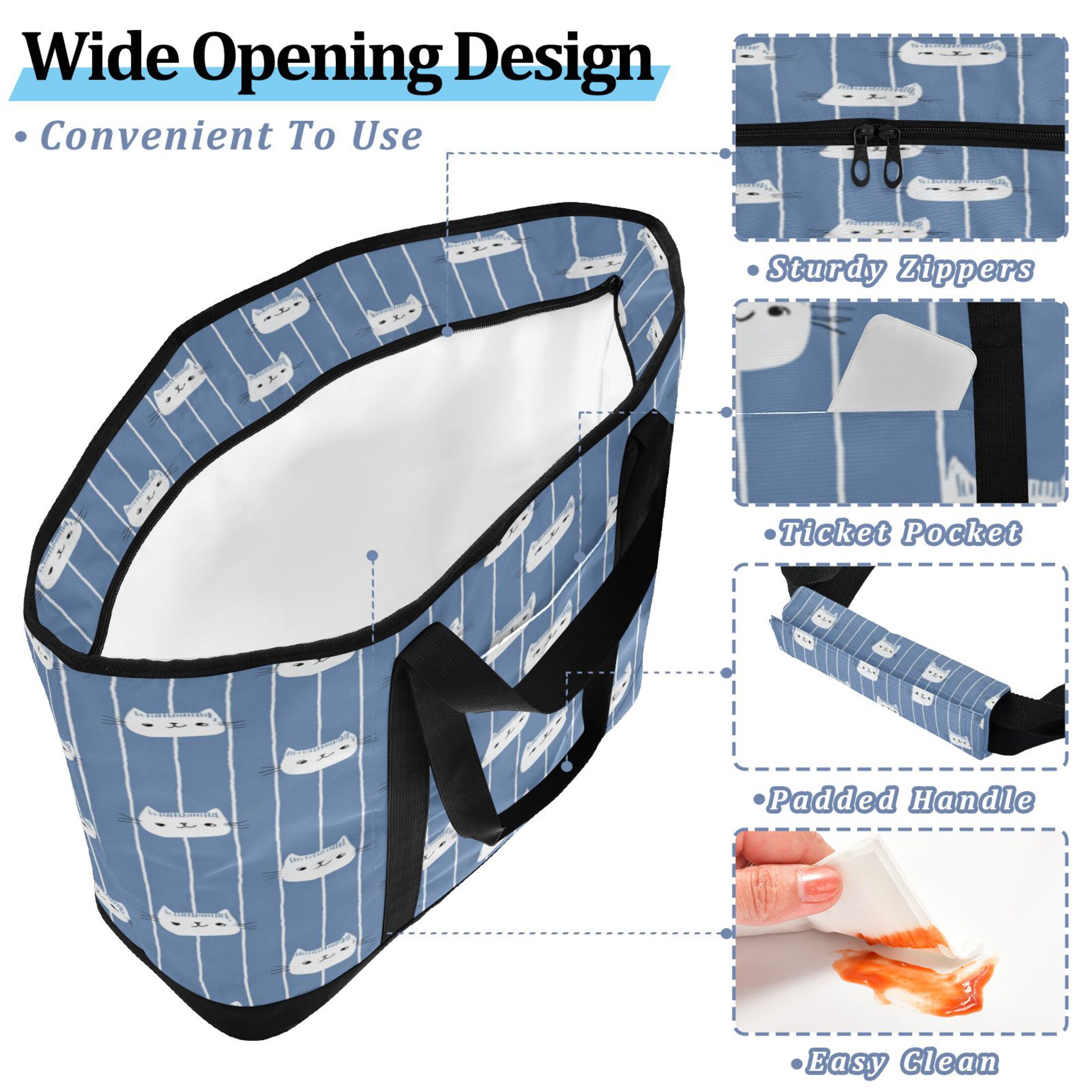 Extra-Large Wide Opening Design Capacity Hand-Held Ice Pack Thickened Insulation Layer For Long-Lasting Cold Retention For Outdoor Shopping Picnics And Camping White Cat Face Pattern