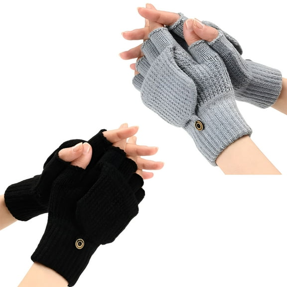 TELOLY Womens Winter Gloves,2 Pack Warm Knitted Convertible Fingerless Gloves for Women Gifts with Mittens Cover Cap