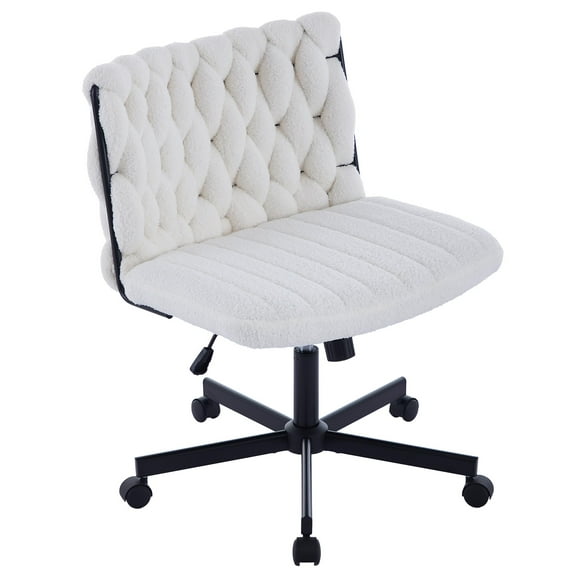 BouPower Armless Rolling Desk Chair, White Fabric Criss Cross Chair, Swivel Home Office Chair with Wheels, Wide Seat Computer Task Chair, Height Adjustable Vanity Chair for Makeup