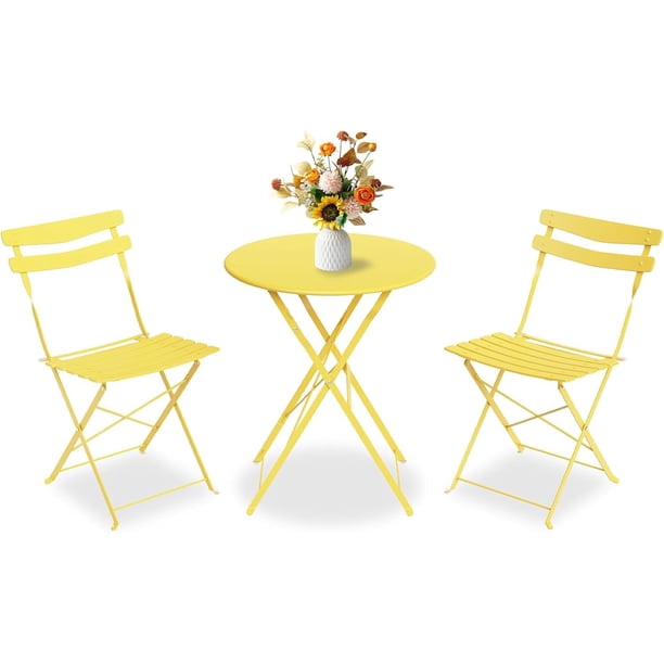 QinaQin Juego bistró para patio con mesa plegable y 2 sillas, estructura metálica con recubrimiento en polvo, ideal para jardín, balcón o terraza