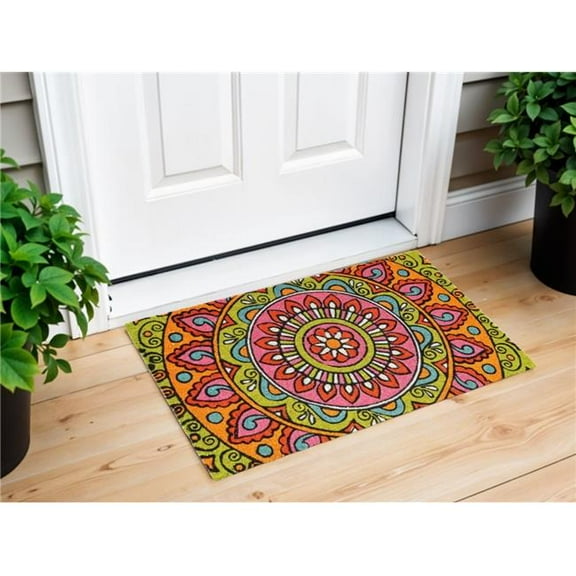 HomeRoots 572248 18 x 30 in. Green & Pink Coir Abstract Outdoor Door Mat
