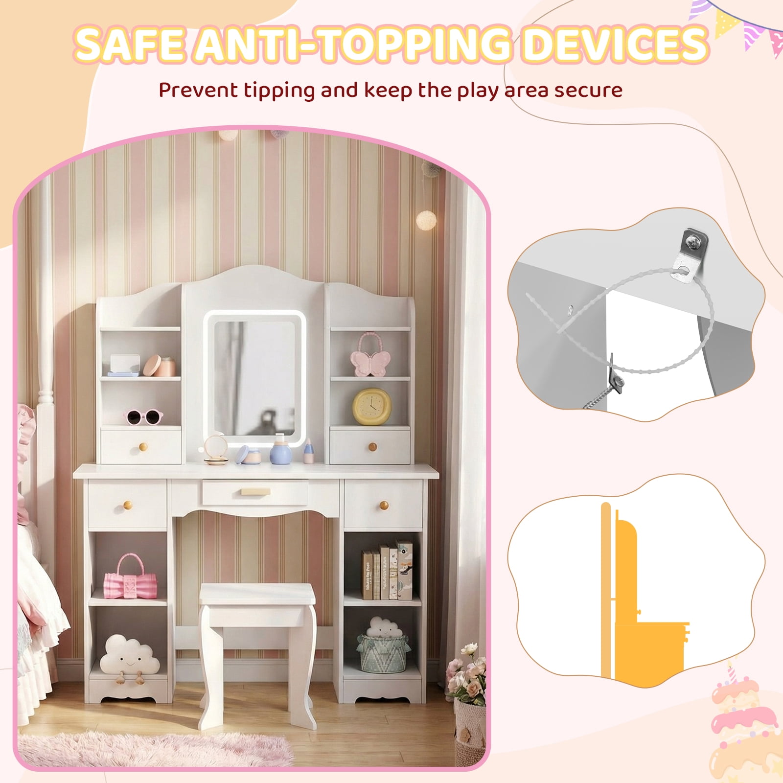 Pirecart 2 in 1 Kids Vanity Set, Pretend Play Makeup Desk with Mirror＆ Drawer, 3 Color Lights, Large Storage, Detachable shelf, White