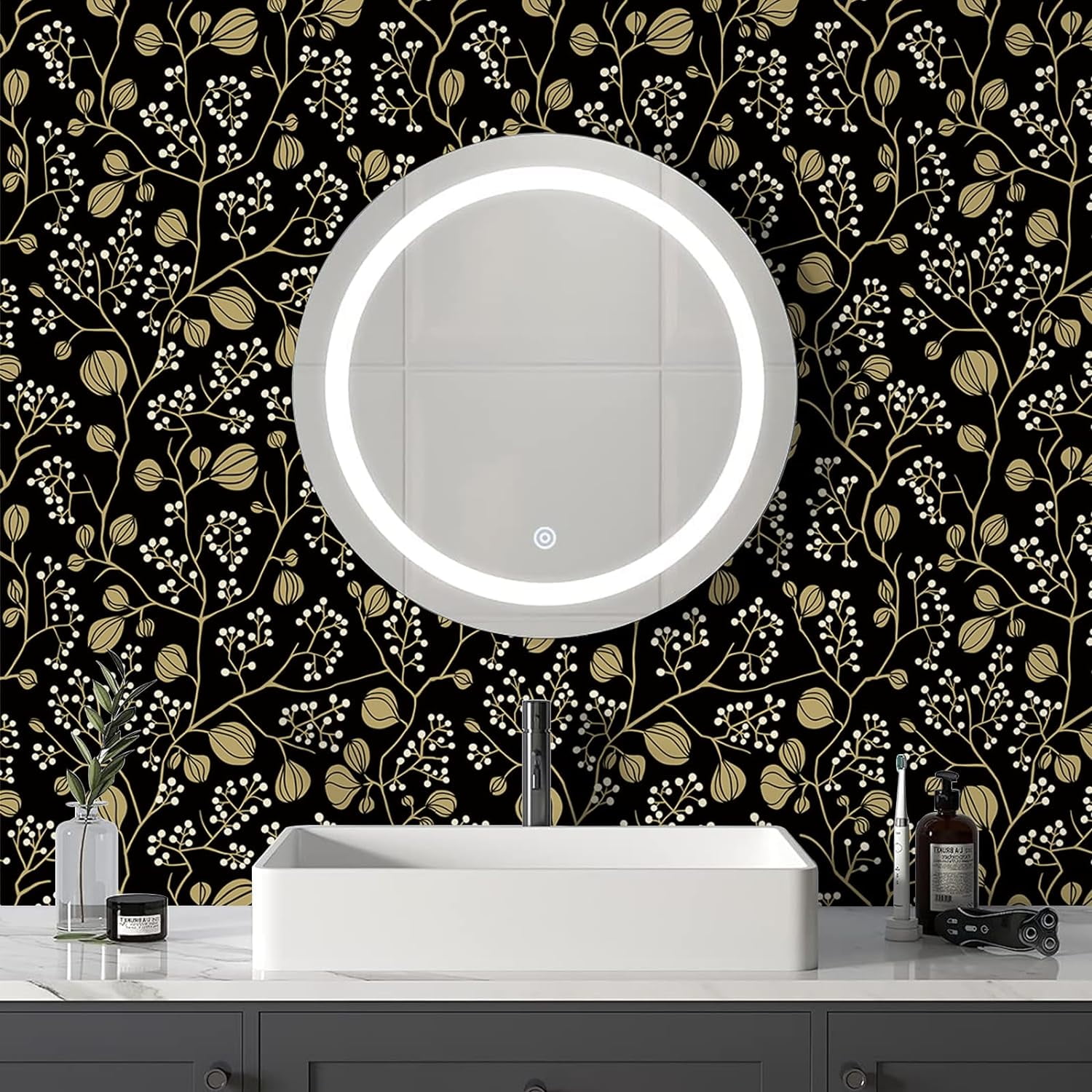 Abyssaly Black Peel and Stick Wallpaper 17.7" x 118" Self-Adhesive Floral Wallpaper Vintage Wallpaper Removable Wallpaper Covering for Home Decoration Bedroom Kitchen Closets