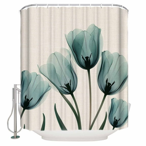 Teal Turquoise Tulip Shower Curtains for Bathroom Waterproof Fabric Bath Curtains Decor Bath Tub Curtain Elegant Retro Floral Spring Botanical Decorative Shower Curtain Sets with 12 Hooks, 72x72 Inch