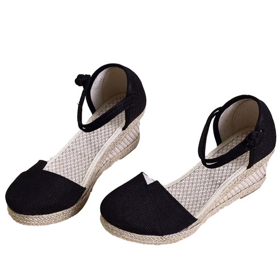 Anuirheih Closed Toe Wedges for Women, Platform Summer Shoes Ankle Buckle Strap Sandals Mid Low Heel Canvas Dress Sandals(Black)