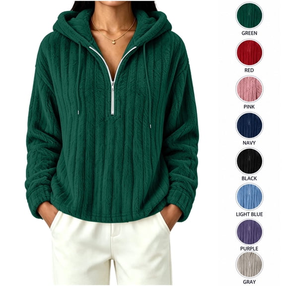 XRoczxe Women's Fluffy Sherpa Pullover Hoodie, Quarter Zip Fleece Sweatshirt with Pockets, Soft Warm Winter Lounge Top for Cold Weather & Casual Wear
