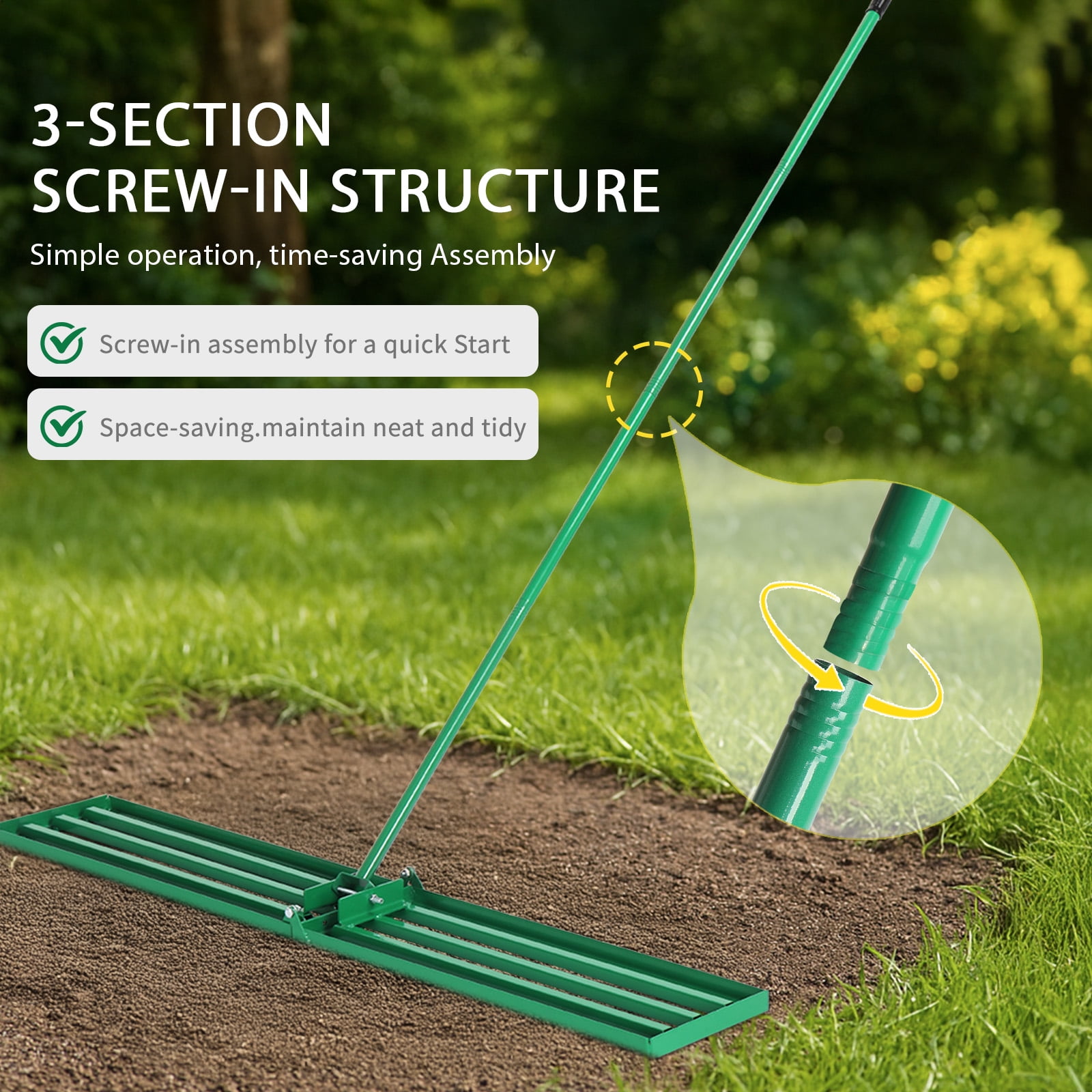 HiiKaa Lawn Leveling Rake,36" Steel Handle Yard Leveler, Lawn Level Tool for Creating a Flat Surface,Works for Soil,Dirt,Topdressing and Ground,Green
