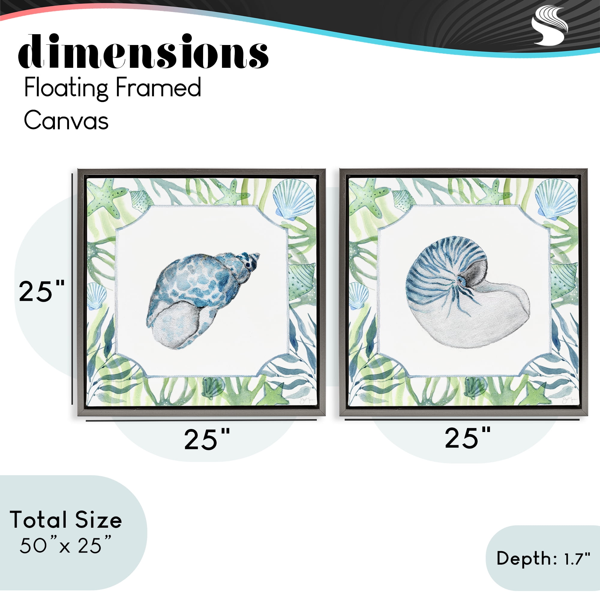 Stupell Industries Seaweed Bordered Seashells 2 Piece Gray Framed Floater Canvas Set, design by Janet Tava