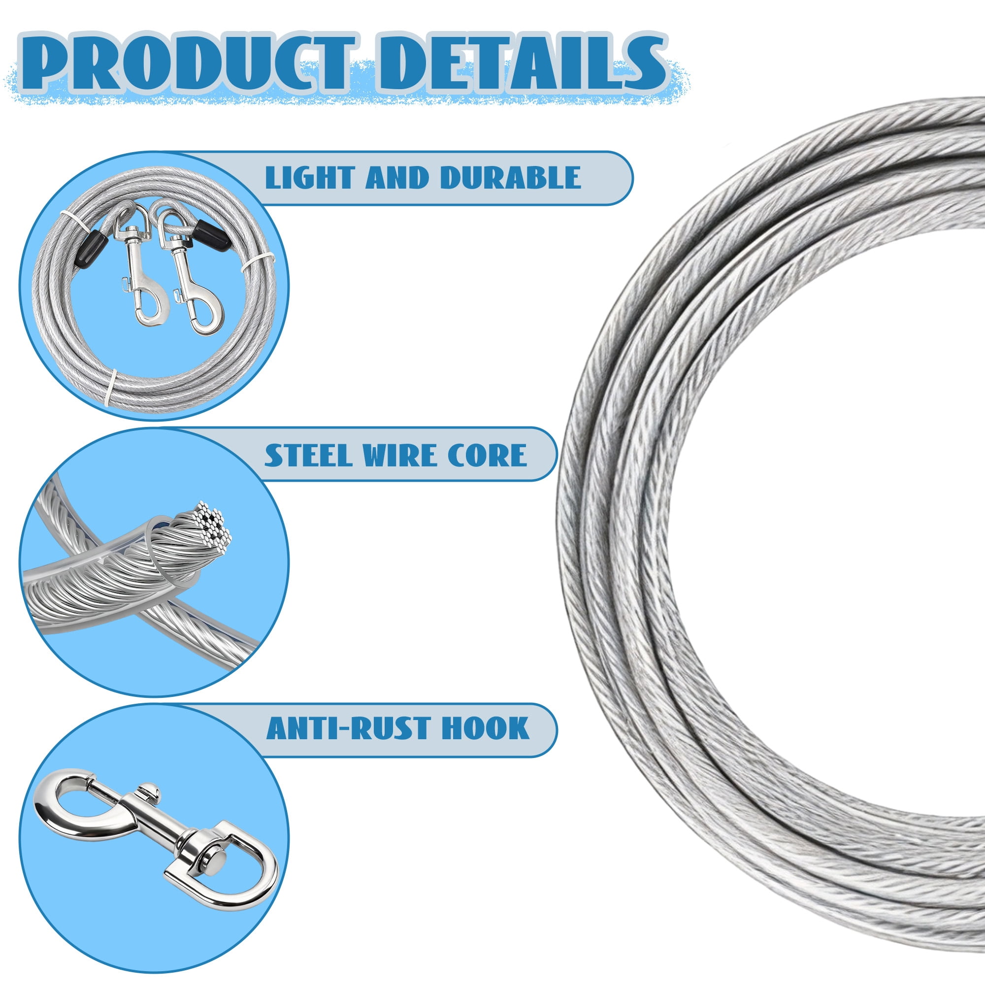 25 FT Dog Tie Out Cable, Heavy Duty Dog Chains for Outside with Lockable Hook, Pet Tie Out Cable for Outdoors Yard Camping Parks