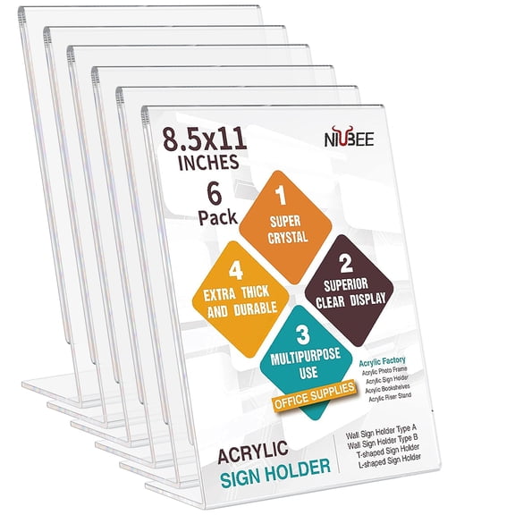 NIUBEE Acrylic Sign Holder Acrylic Frames 8.5x11, Clear Plastic Sign Holder Standing Frame, Flyer Document Holder Paper Display Stand for Office, Home, Store, Restaurant,6Pcs