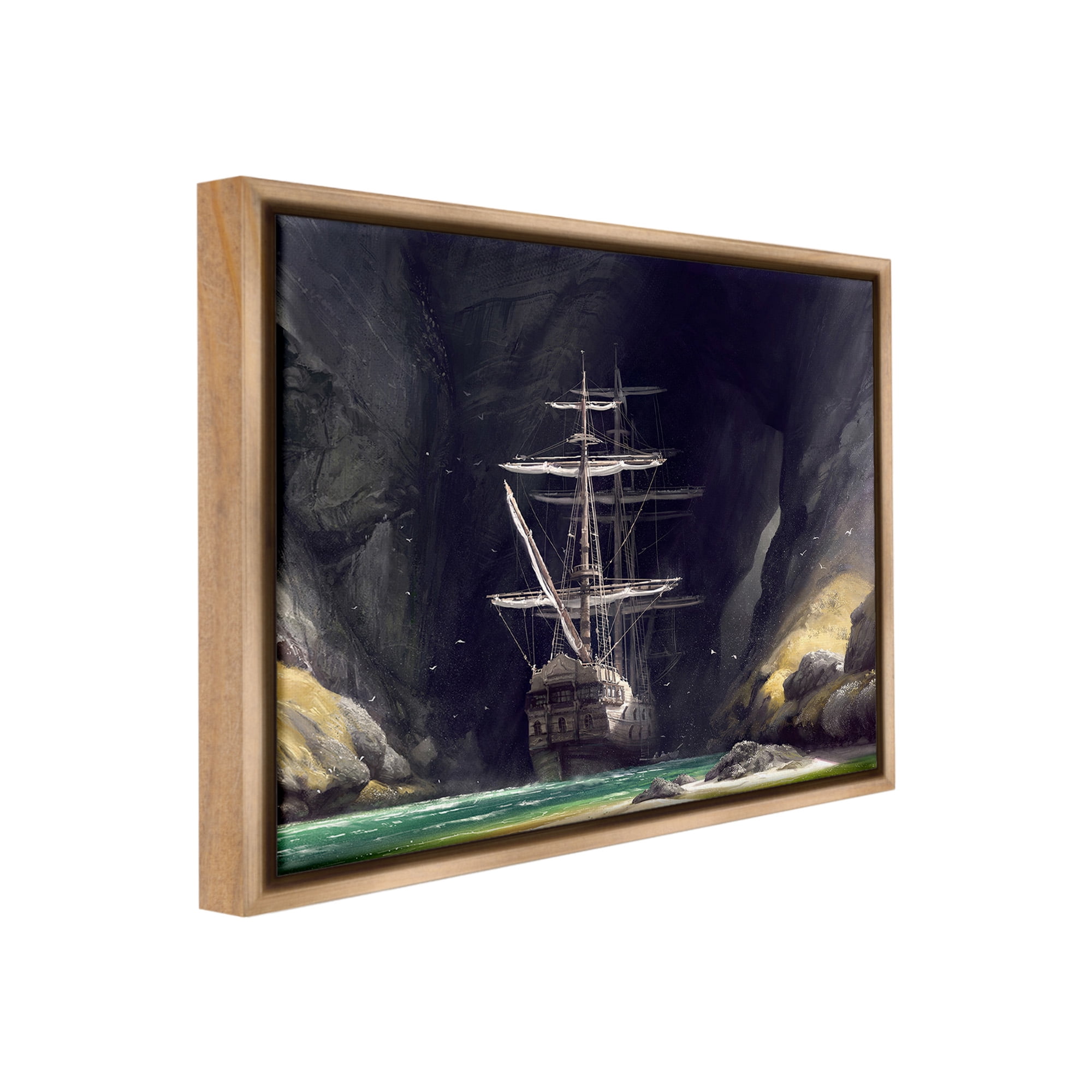 Stupell Industries Mysterious Ship in Cave Transportation Painting Brown Floater Framed Canvas Art Print Wall Art, 31 x 25