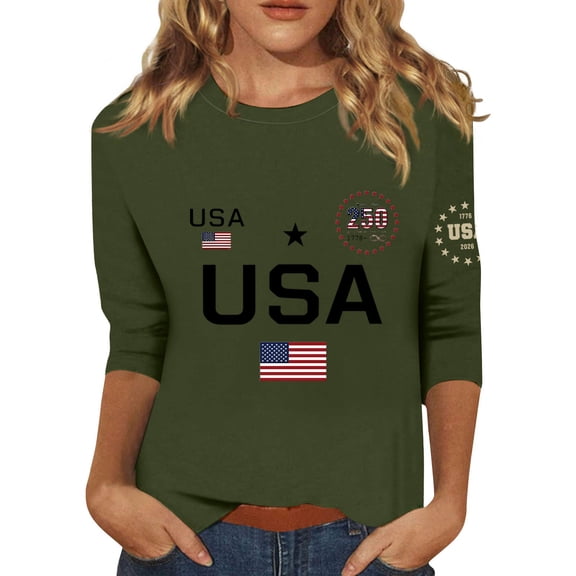 Women's T-Shirts America 250 Patriotic Flag Graphic Crew Neck 3/4 Sleeve Anniversary Top