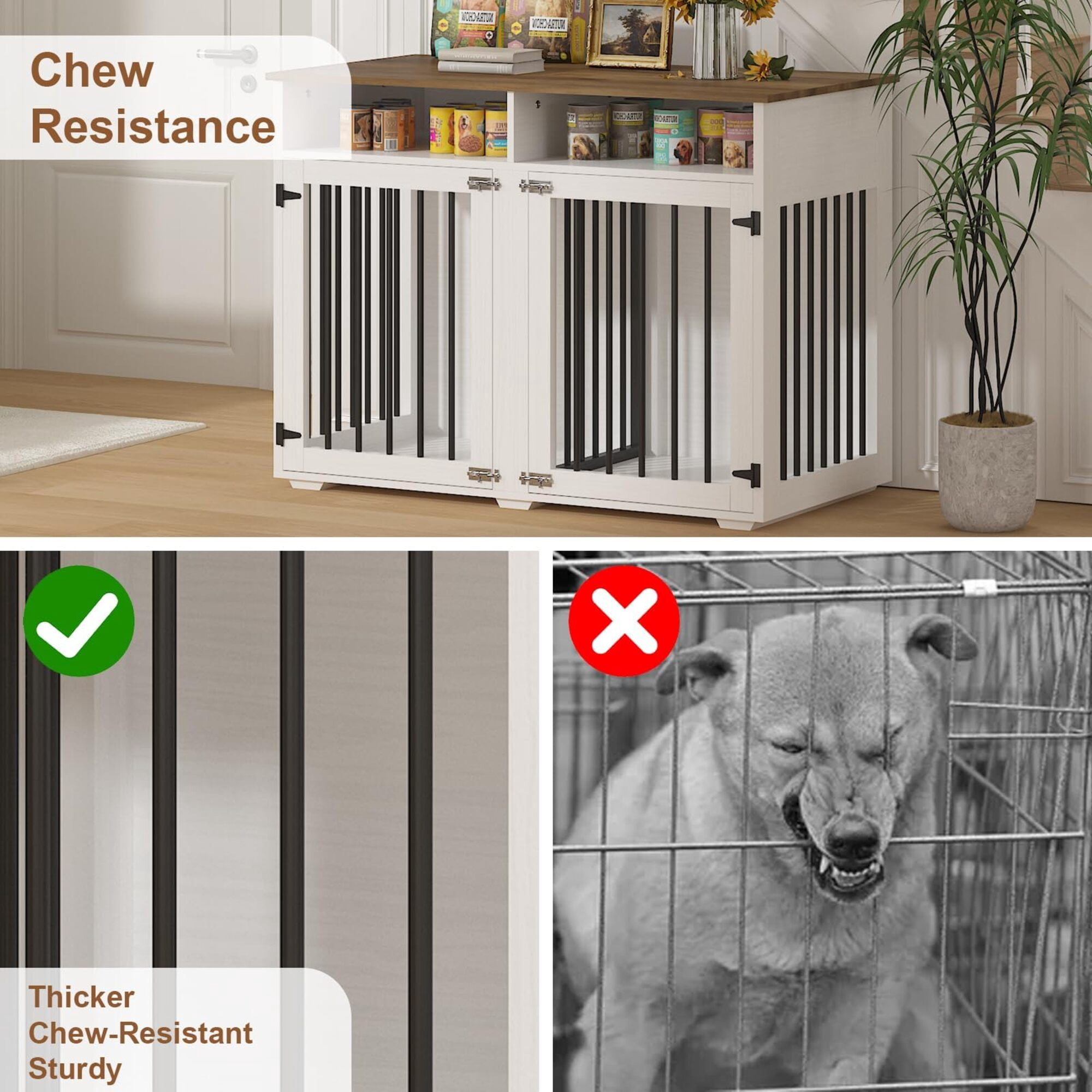 41" White Farmhouse 2-Lockable Door Dog Crate with Storage Shelves – Sturdy Indoor Kennel for 2 Small/Medium Dogs, Removable Divider Included