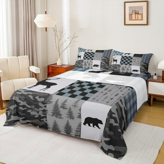 Manfei Hunting Moose Bear Twin Sheet Sets, Gray Black Blue Rustic Plaid Twin Fitted Sheet, Nature Adventure Theme Flat Sheet, Luxury Bedroom Decor 3-Piece