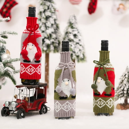 

Knitted Fabric Christmas Wine Bottle Cover with Bowknot Old Man Pattern Festive Ambience Wine Bottle Dress-up for Househ