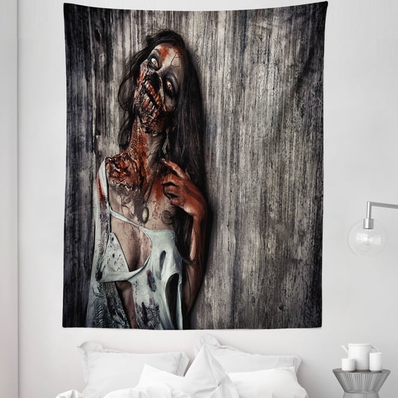 Zombie Tapestry, Angry Dead Woman Sacrifice Fantasy Design Mystic Night Halloween Image, Fabric Wall Hanging Decor for Bedroom Living Room Dorm, 5 Sizes, Dark Taupe Peach Red, by Ambesonne