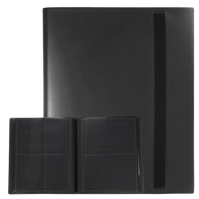 Binder de tarjetas de comercio de 4 bolsillos Uxcell, carpeta de colección con cubierta de PU, carpeta de carga lateral para TCG, tarjetas de juego, tarjetas deportivas (Negro)