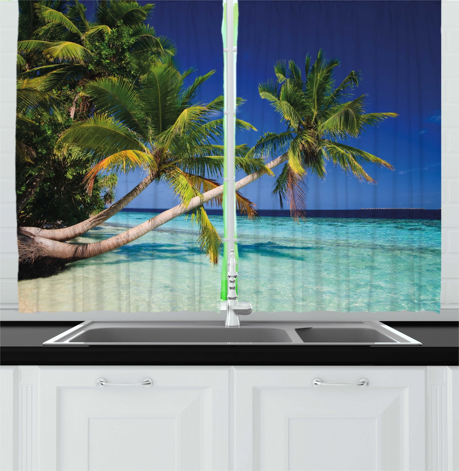 Landscape Curtains 2 Panels Set, Tropic Botanic Sandy Beach Island with Coconut Palm Trees Seaside Print, Window Drapes for Living Room Bedroom, 55W X 39L Inches, Aqua Blue Green, by Ambesonne